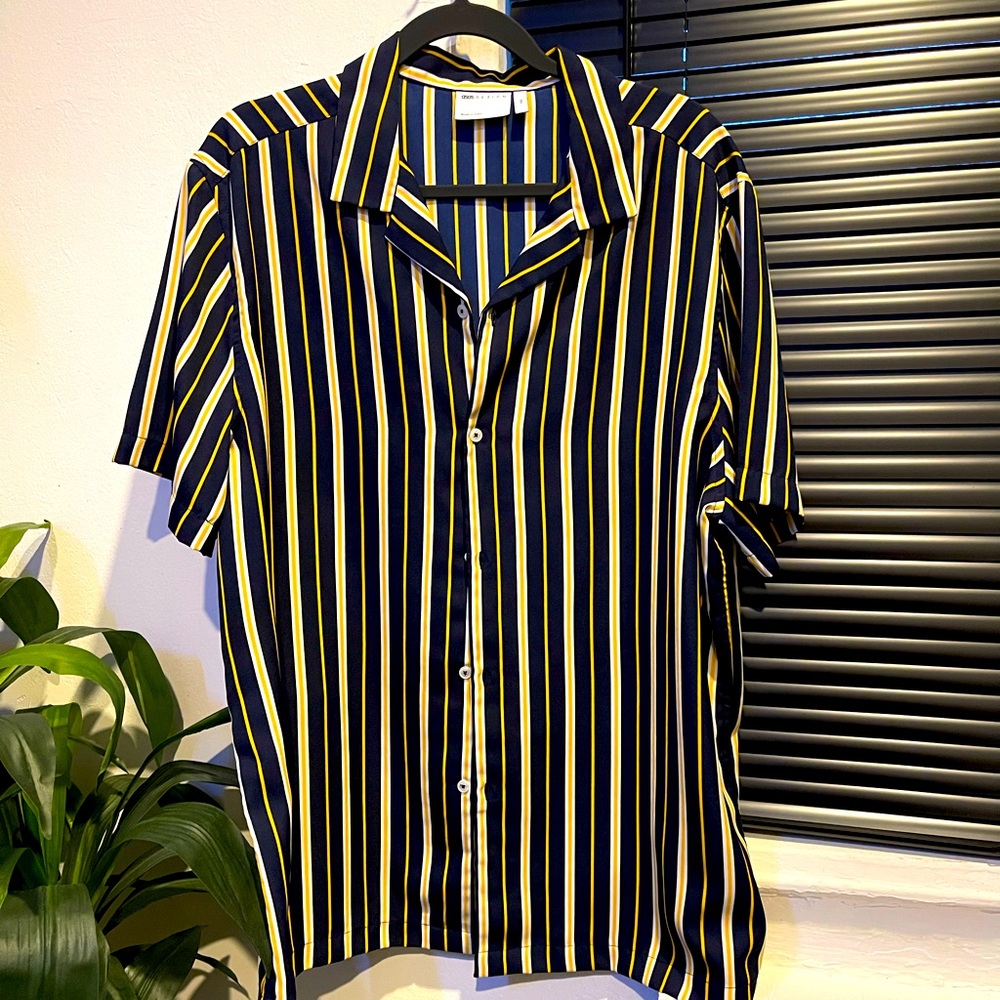 ASOS DESIGN regular stripe shirt in navy white and yellow /SIZE: 2XL